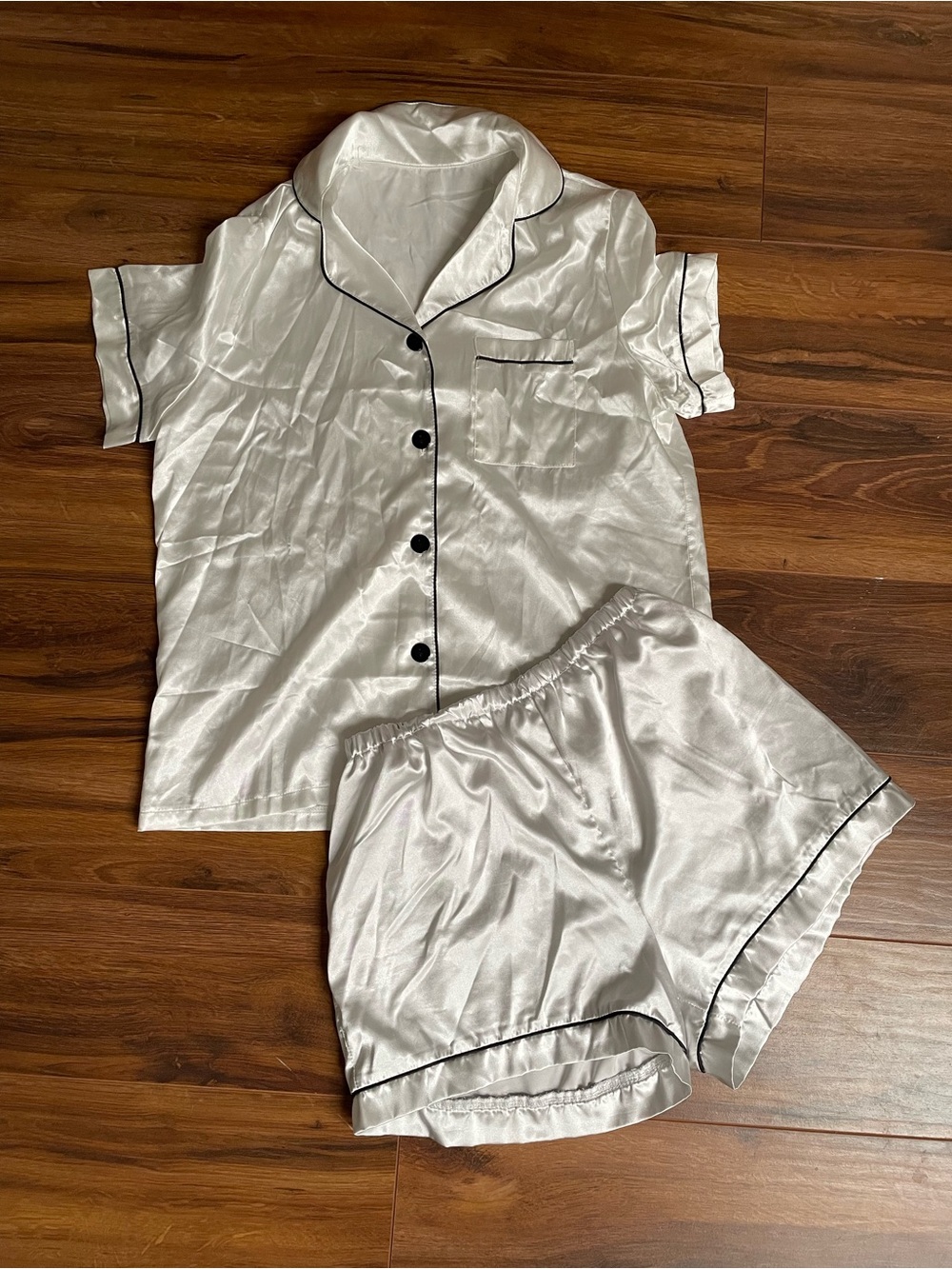Silky White Short Pajama Set with Black Piping